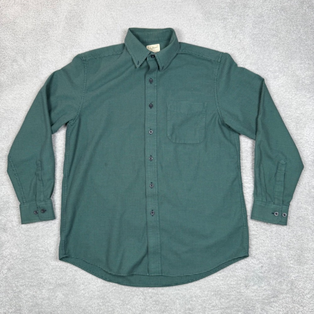 LL Bean Mens Green Houndstooth Button Down Shirt Traditional Fit M Flannel Shirt